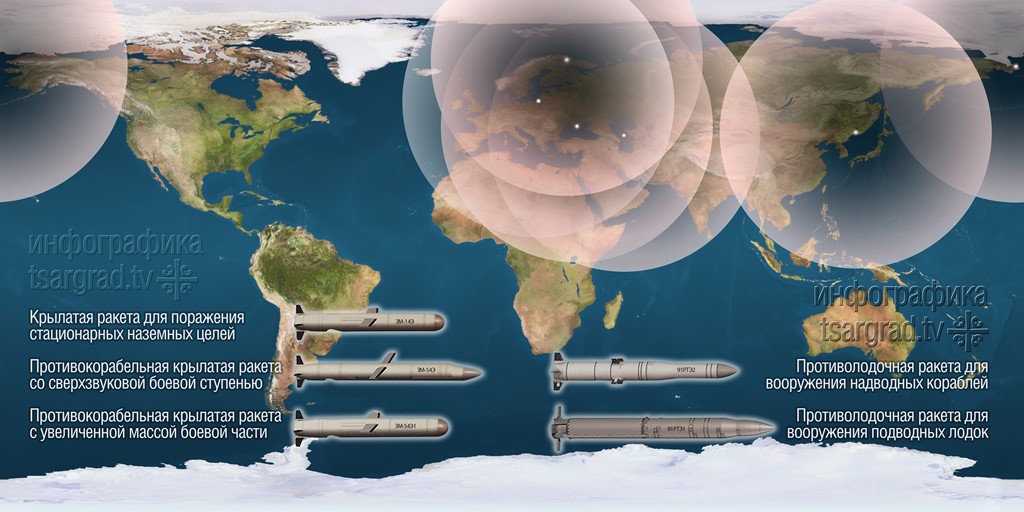 География охвата КРБД комплекса «Калибр» на максимальной дистанции в 5 тыс километров при работе исключительно с территории и акватории РФ